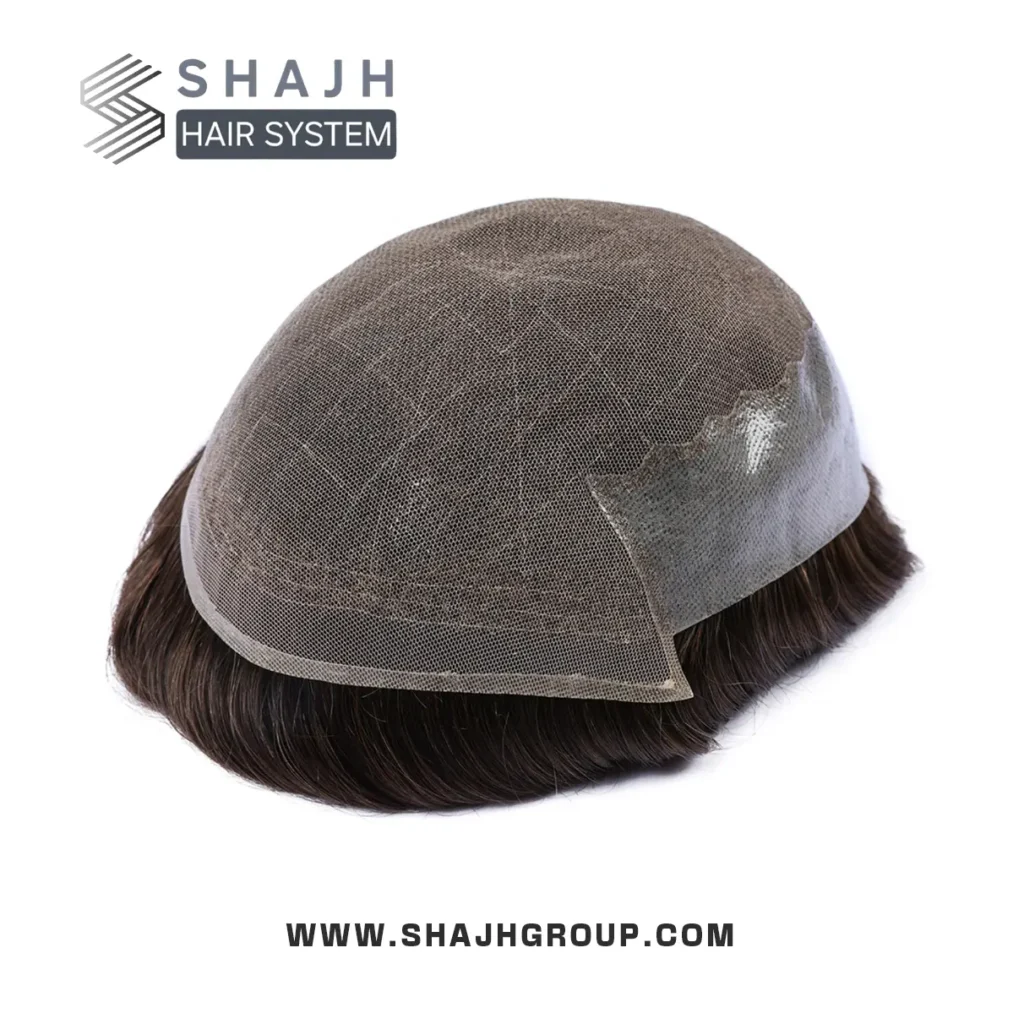 Q6 - Men’s hair system with a French lace top and clear PU on the sides and back.
